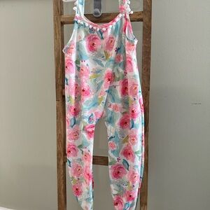 Little Girls Pink & Aqua Floral Romper with Pom Trim 4-6